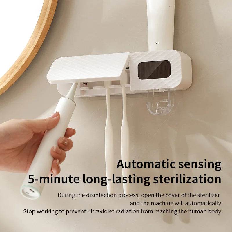 Smart Toothbrush Organizer with Intelligent Drying1 smart toothbrush rack wall mounted 3-slot toothbrush intelligent drying rack, toothpaste dispenser, household daily necessitie - My Store