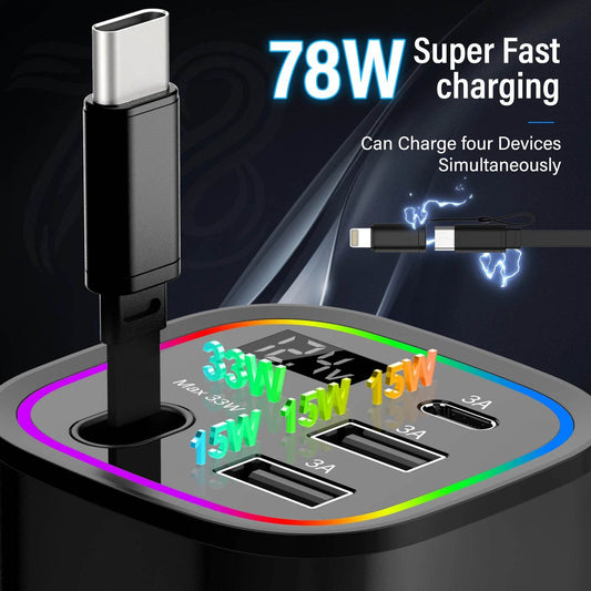 Retractable car Charger Compatible, 4 in 1 Fast car Phone Charger Retractable with 2.6ft Cord, USB Dual Type C Charger - My Store