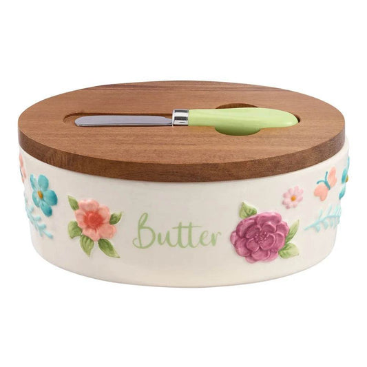 Painted Meadow Butter Dish Set Acacia Wood Lid Metal Serving Knife Floral Embossed Stoneware Butter Storage Handcrafted Kitchen - My Store