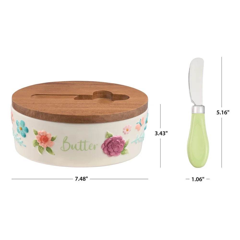Painted Meadow Butter Dish Set Acacia Wood Lid Metal Serving Knife Floral Embossed Stoneware Butter Storage Handcrafted Kitchen - My Store