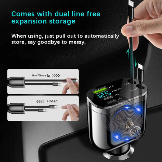 Retractable Car Charger 5 in 1 Fast Car Mobile Phone Charger, Type C/Ios Car Charger Adapter, with 2 Retractable Mobile Phone Charger Cable and 2 USB Ports - My Store