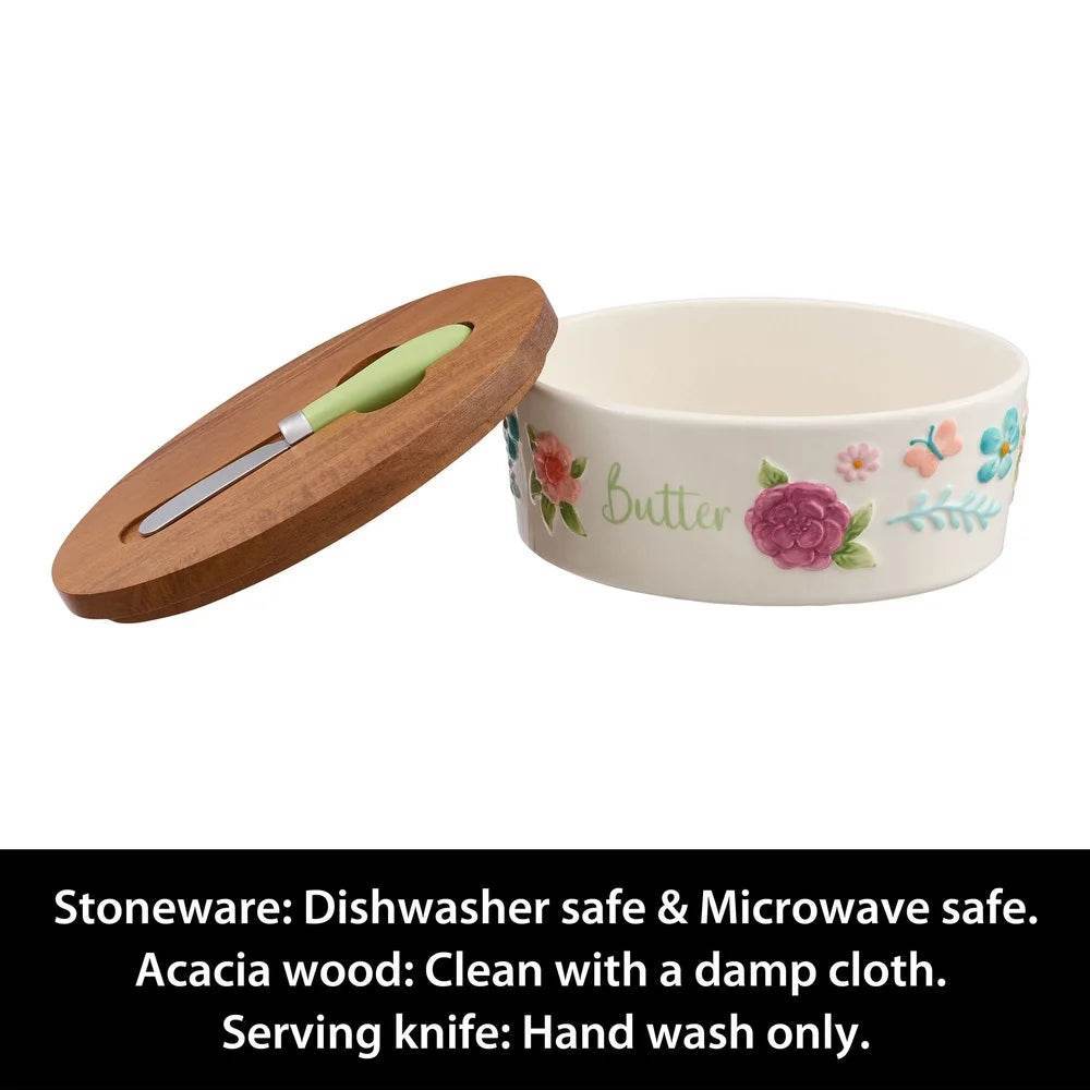 Painted Meadow Butter Dish Set Acacia Wood Lid Metal Serving Knife Floral Embossed Stoneware Butter Storage Handcrafted Kitchen - My Store