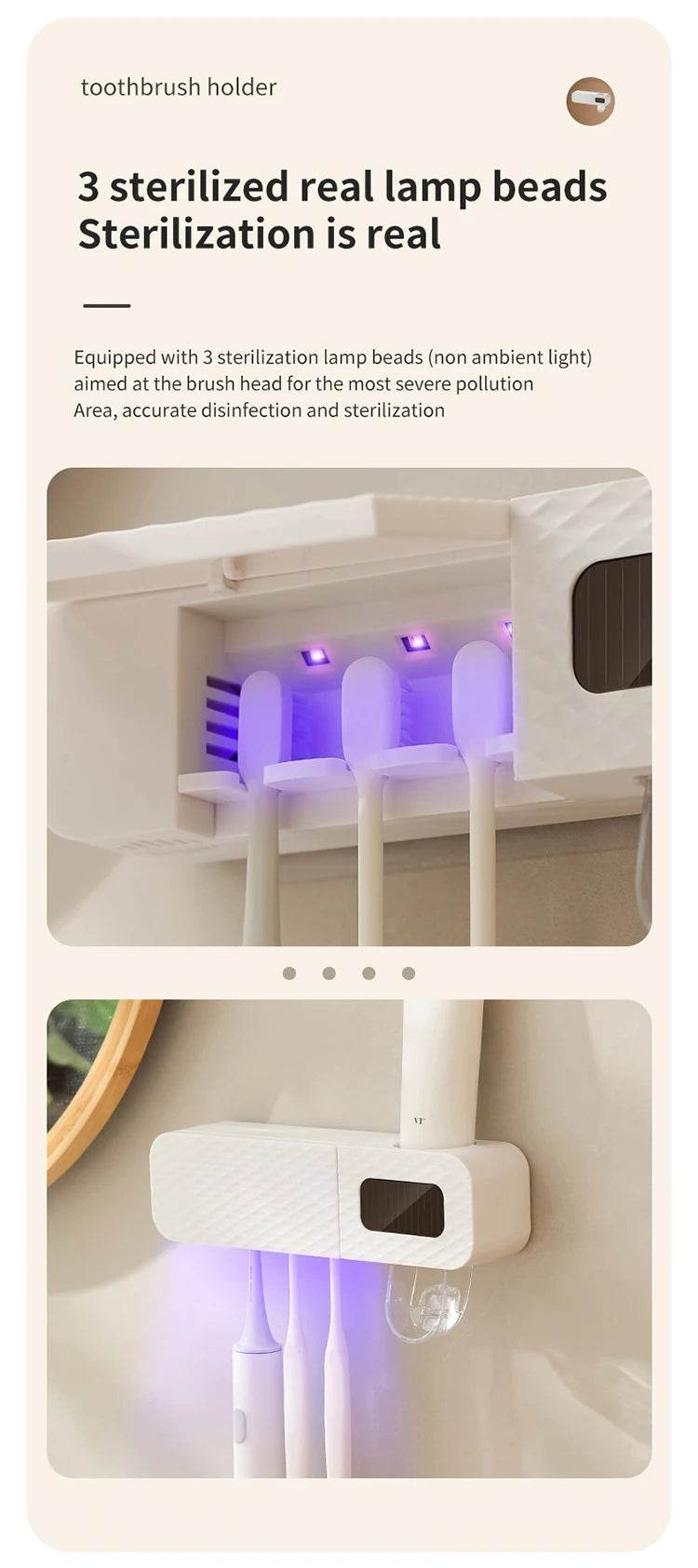 Smart Toothbrush Organizer with Intelligent Drying1 smart toothbrush rack wall mounted 3-slot toothbrush intelligent drying rack, toothpaste dispenser, household daily necessitie - My Store