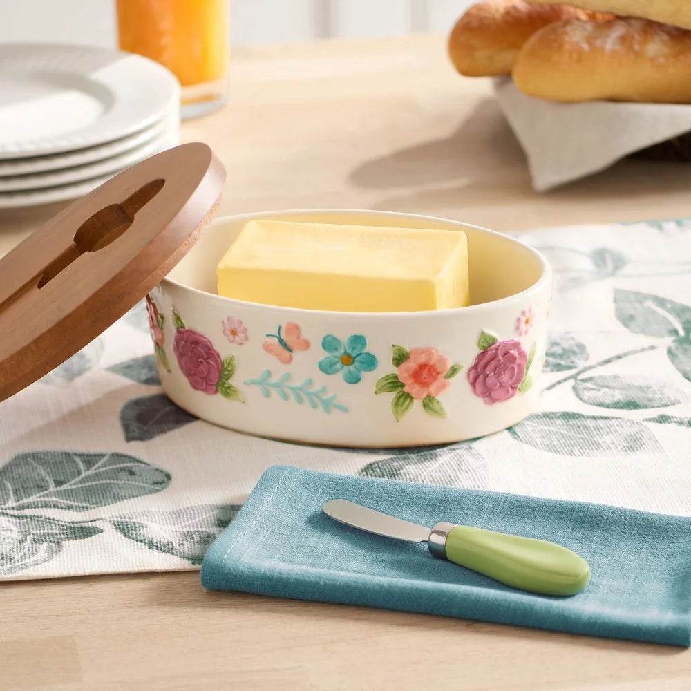 Painted Meadow Butter Dish Set Acacia Wood Lid Metal Serving Knife Floral Embossed Stoneware Butter Storage Handcrafted Kitchen - My Store