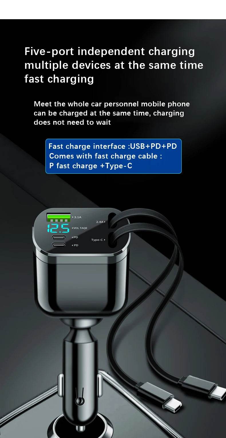 Retractable Car Charger 5 in 1 Fast Car Mobile Phone Charger, Type C/Ios Car Charger Adapter, with 2 Retractable Mobile Phone Charger Cable and 2 USB Ports - My Store