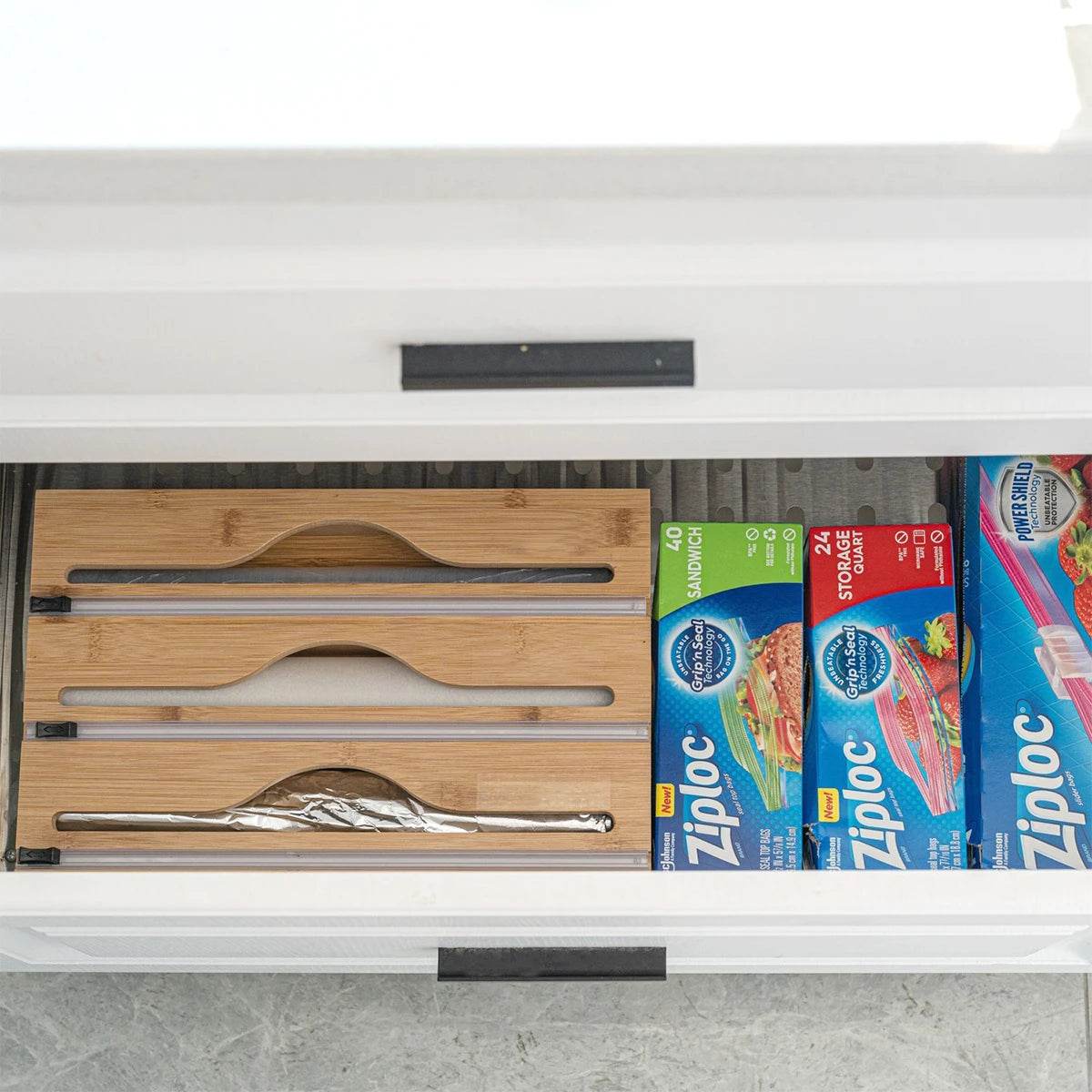 Bamboo Kitchen Wrap Dispenser with Foil &amp; Cling Film Cutter Box - My Store
