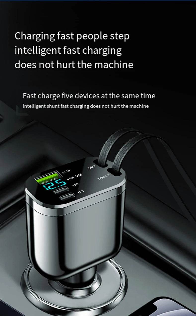 Retractable Car Charger 5 in 1 Fast Car Mobile Phone Charger, Type C/Ios Car Charger Adapter, with 2 Retractable Mobile Phone Charger Cable and 2 USB Ports - My Store