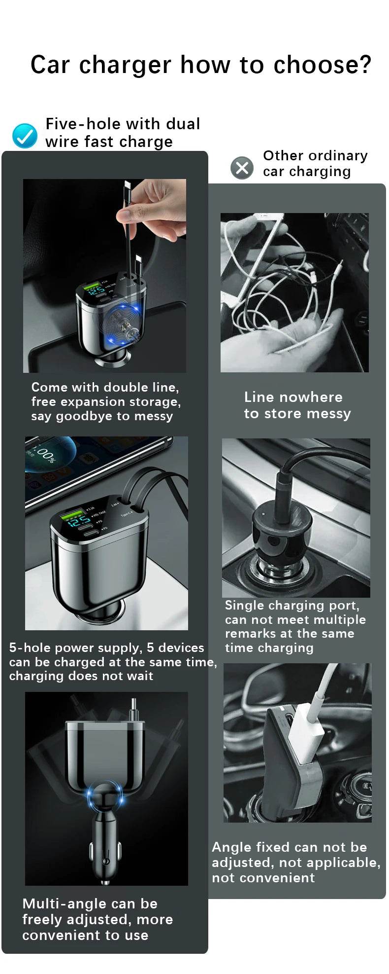 Retractable Car Charger 5 in 1 Fast Car Mobile Phone Charger, Type C/Ios Car Charger Adapter, with 2 Retractable Mobile Phone Charger Cable and 2 USB Ports - My Store