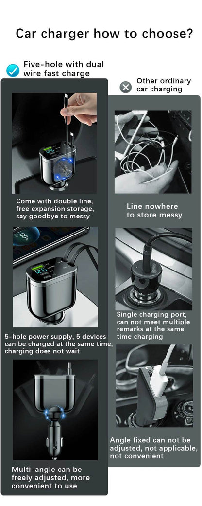 Retractable Car Charger 5 in 1 Fast Car Mobile Phone Charger, Type C/Ios Car Charger Adapter, with 2 Retractable Mobile Phone Charger Cable and 2 USB Ports - My Store