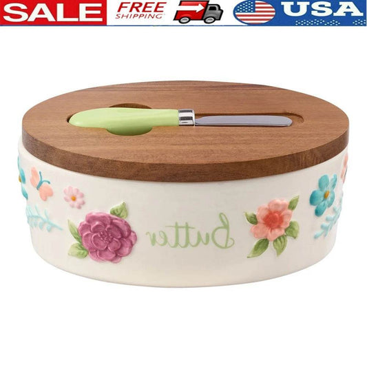 Painted Meadow Butter Dish Set Acacia Wood Lid Metal Serving Knife Floral Embossed Stoneware Butter Storage Handcrafted Kitchen - My Store