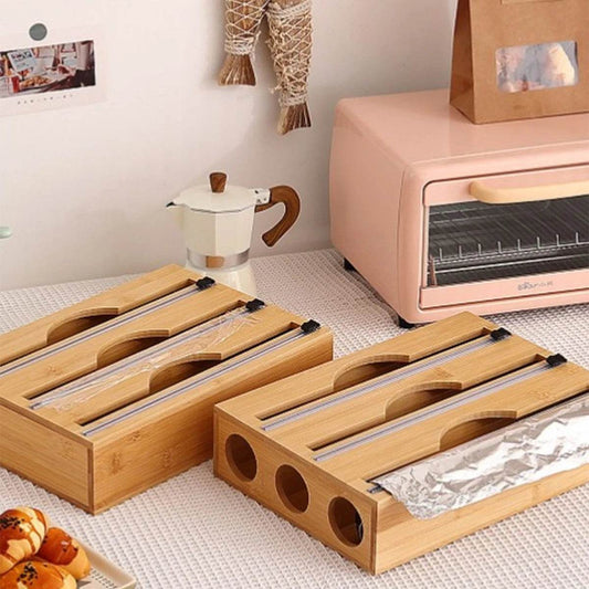 Bamboo Kitchen Wrap Dispenser with Foil &amp; Cling Film Cutter Box - My Store