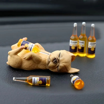 Funny Passed-Out Animal Statue - Mini Beer Bottle Resin Desk Decor