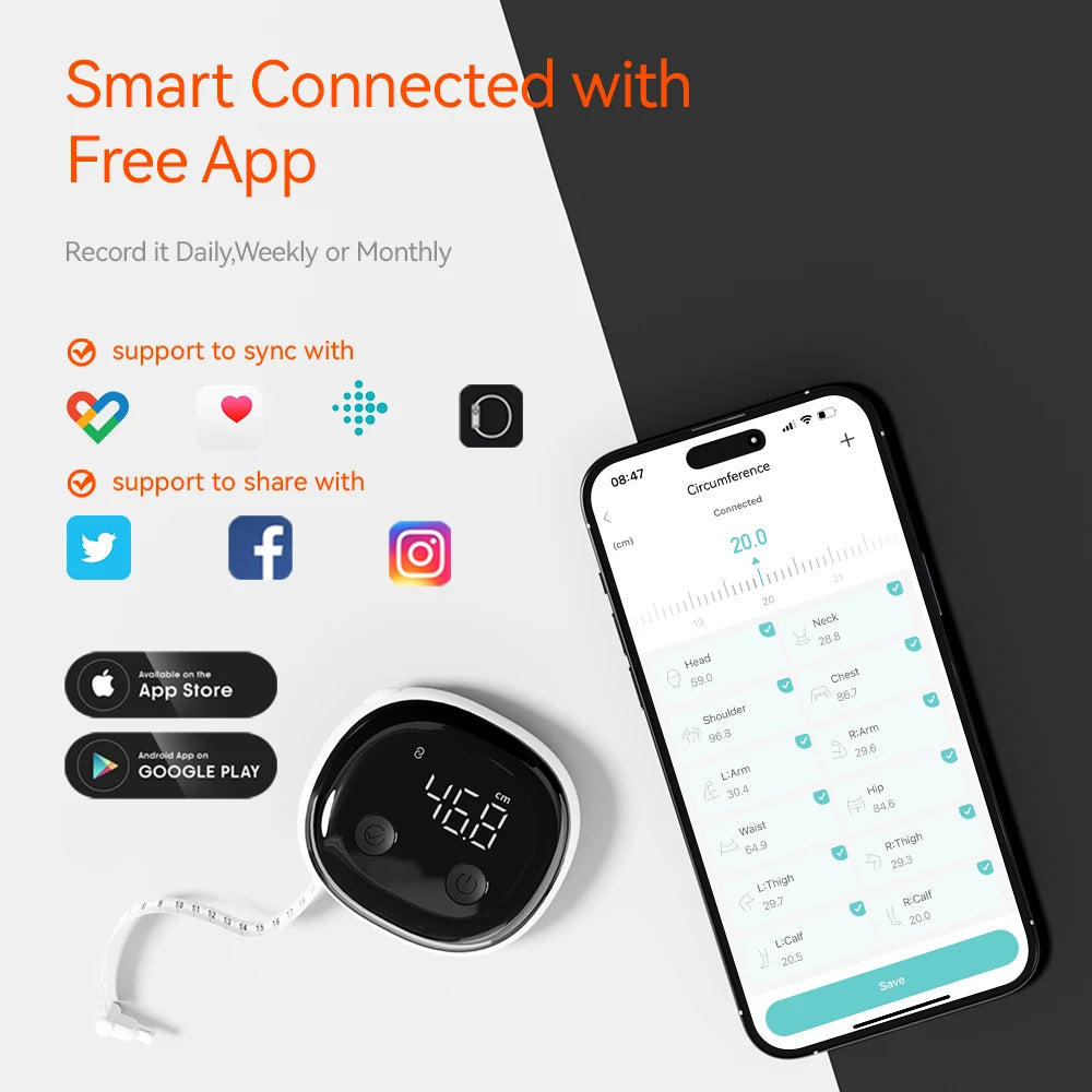 Smart Digital Body Measuring Tape with App Sync (Fitdays) – Electronic Bluetooth Retractable Health Tape Measure for Weight Loss, Bodybuilding, Fitness, Waist, Chest, Hip & Muscle Circumference Tracking