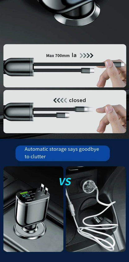 Retractable Car Charger 5 in 1 Fast Car Mobile Phone Charger, Type C/Ios Car Charger Adapter, with 2 Retractable Mobile Phone Charger Cable and 2 USB Ports - My Store