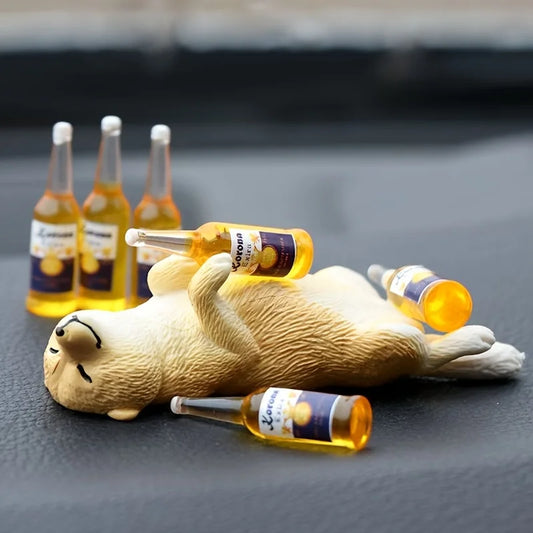 Funny Passed-Out Animal Statue - Mini Beer Bottle Resin Desk Decor