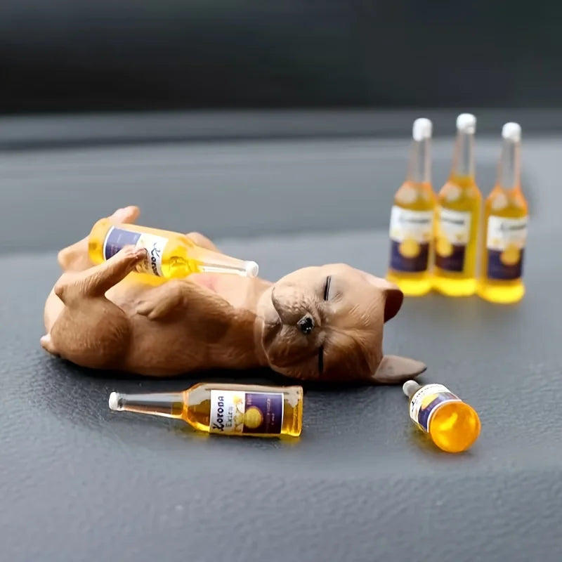 Funny Passed-Out Animal Statue - Mini Beer Bottle Resin Desk Decor
