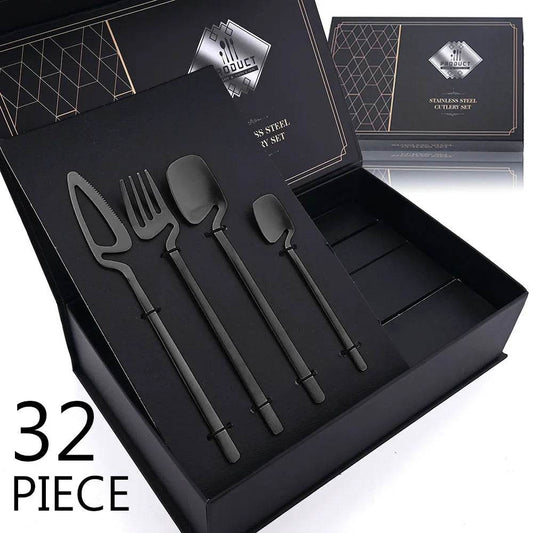 Matte Black 32-Piece Stainless Steel Cutlery Set for Modern Dining - My Store
