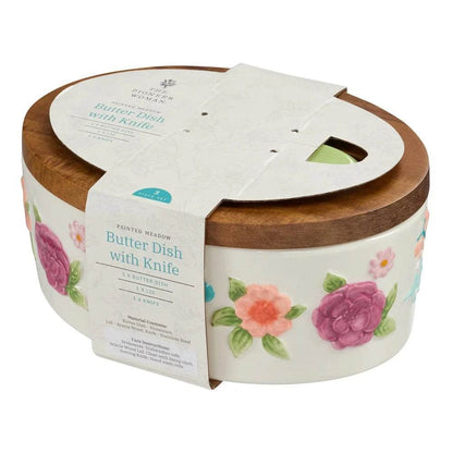 Painted Meadow Butter Dish Set Acacia Wood Lid Metal Serving Knife Floral Embossed Stoneware Butter Storage Handcrafted Kitchen - My Store