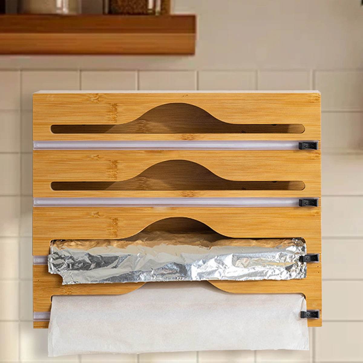 Bamboo Kitchen Wrap Dispenser with Foil &amp; Cling Film Cutter Box - My Store