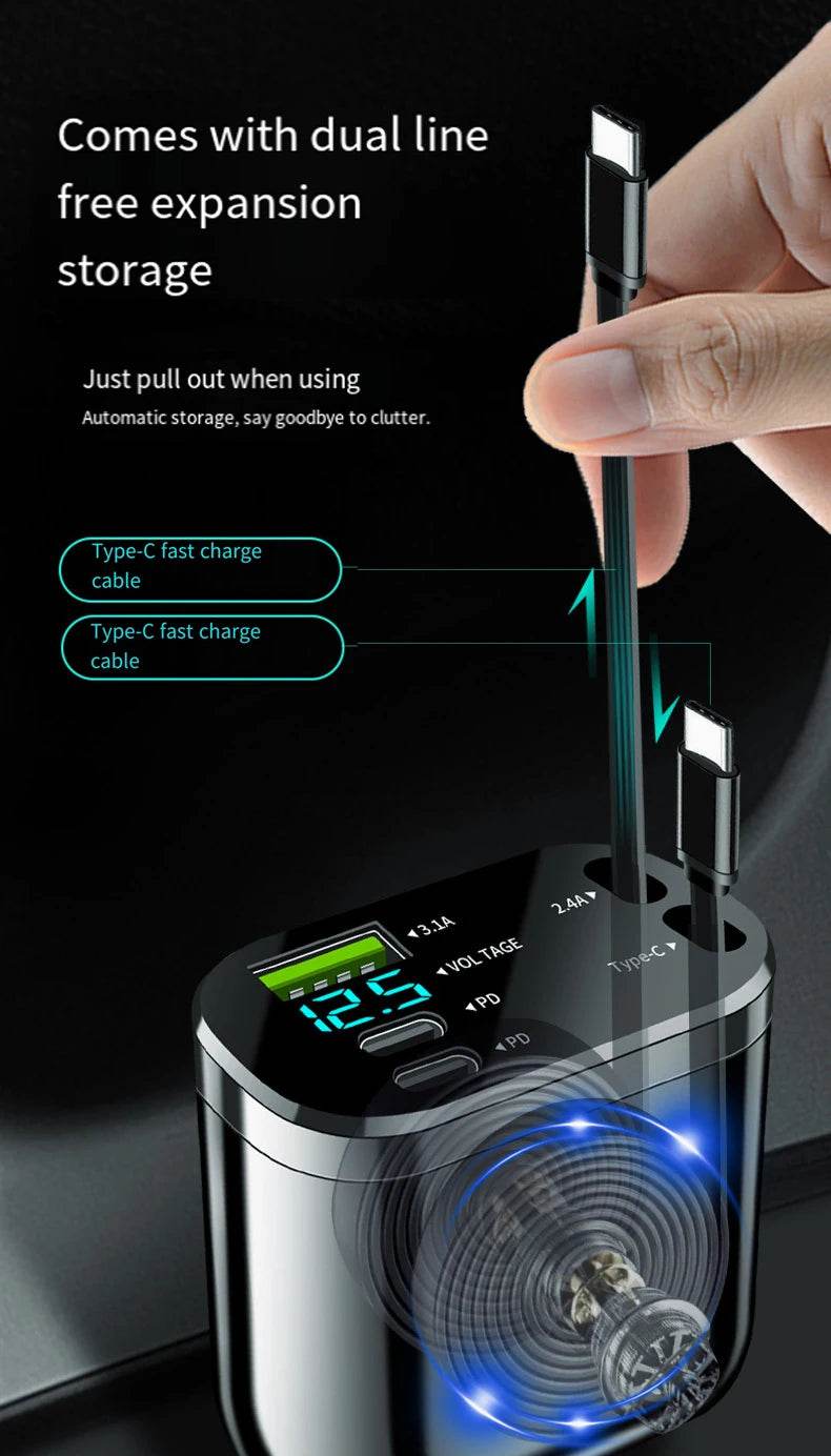 Retractable Car Charger 5 in 1 Fast Car Mobile Phone Charger, Type C/Ios Car Charger Adapter, with 2 Retractable Mobile Phone Charger Cable and 2 USB Ports - My Store