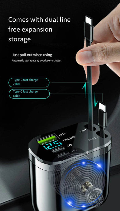 Retractable Car Charger 5 in 1 Fast Car Mobile Phone Charger, Type C/Ios Car Charger Adapter, with 2 Retractable Mobile Phone Charger Cable and 2 USB Ports - My Store
