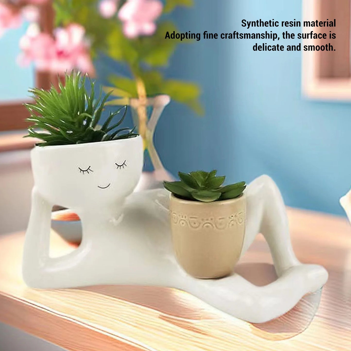 Sleepy Face Resin Planter - Cute Breathable Succulent Pot for Desk & Shelf Decor