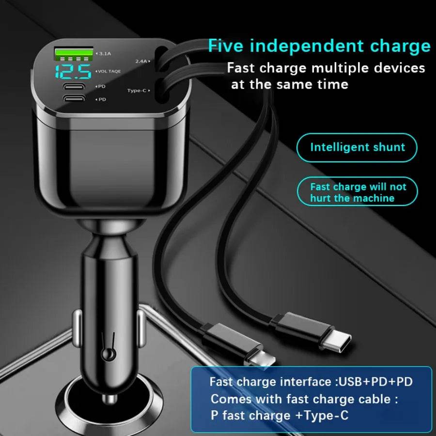 Retractable Car Charger 5 in 1 Fast Car Mobile Phone Charger, Type C/Ios Car Charger Adapter, with 2 Retractable Mobile Phone Charger Cable and 2 USB Ports - My Store