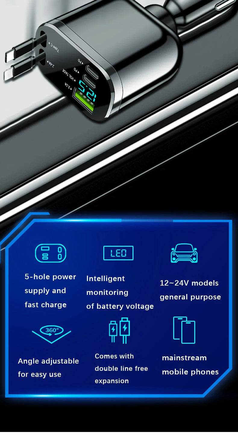 Retractable Car Charger 5 in 1 Fast Car Mobile Phone Charger, Type C/Ios Car Charger Adapter, with 2 Retractable Mobile Phone Charger Cable and 2 USB Ports - My Store