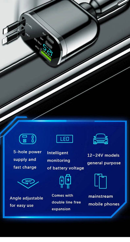 Retractable Car Charger 5 in 1 Fast Car Mobile Phone Charger, Type C/Ios Car Charger Adapter, with 2 Retractable Mobile Phone Charger Cable and 2 USB Ports - My Store