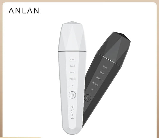 AnLAN ultrasonic skin scrubber with white and black design on a beige background