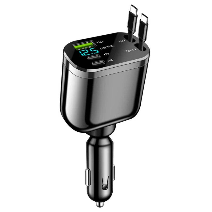 Retractable Car Charger 5 in 1 Fast Car Mobile Phone Charger, Type C/Ios Car Charger Adapter, with 2 Retractable Mobile Phone Charger Cable and 2 USB Ports - My Store