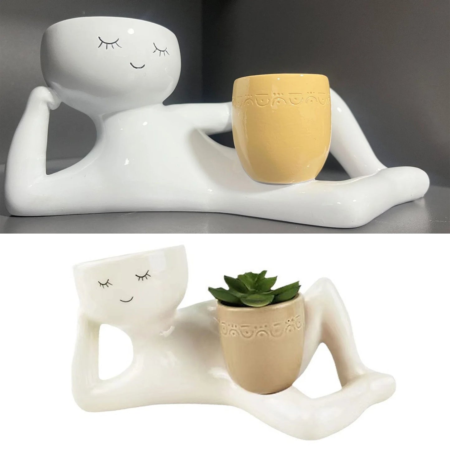 Sleepy Face Resin Planter - Cute Breathable Succulent Pot for Desk & Shelf Decor