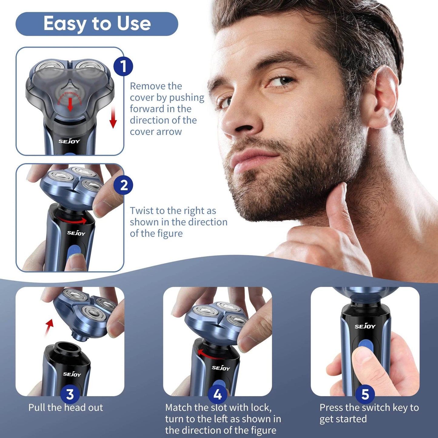 SEJOY Rotary Electric Shaver Kit Rechargeable Multi-function Beard Shaving Nose Hair Trimmer Three-head Floating Razor - My Store