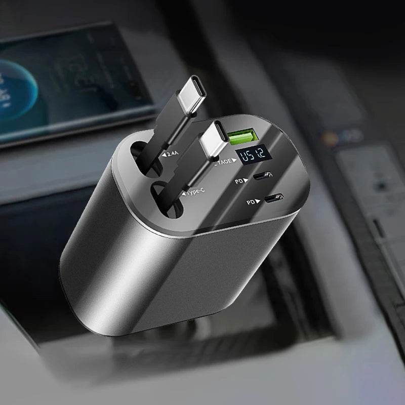 Retractable Car Charger 5 in 1 Fast Car Mobile Phone Charger, Type C/Ios Car Charger Adapter, with 2 Retractable Mobile Phone Charger Cable and 2 USB Ports - My Store