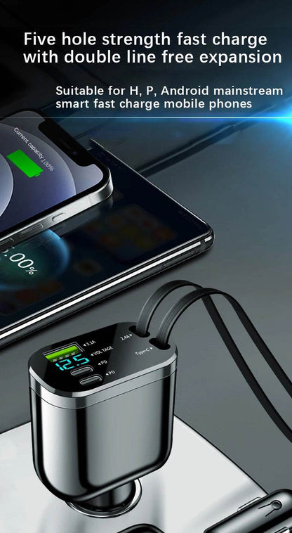 Retractable Car Charger 5 in 1 Fast Car Mobile Phone Charger, Type C/Ios Car Charger Adapter, with 2 Retractable Mobile Phone Charger Cable and 2 USB Ports - My Store