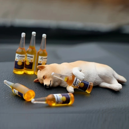 Funny Passed-Out Animal Statue - Mini Beer Bottle Resin Desk Decor
