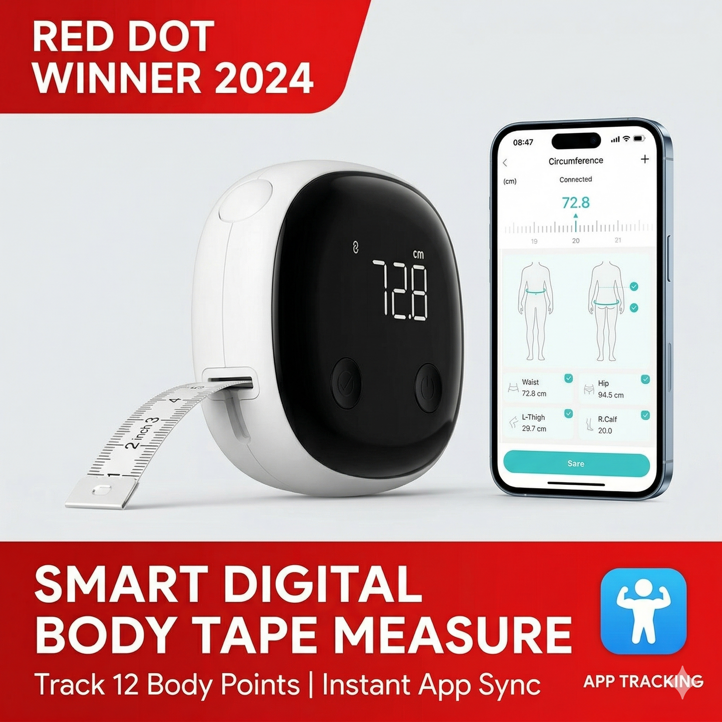 Smart Digital Body Measuring Tape with App Sync (Fitdays) – Electronic Bluetooth Retractable Health Tape Measure for Weight Loss, Bodybuilding, Fitness, Waist, Chest, Hip & Muscle Circumference Tracking